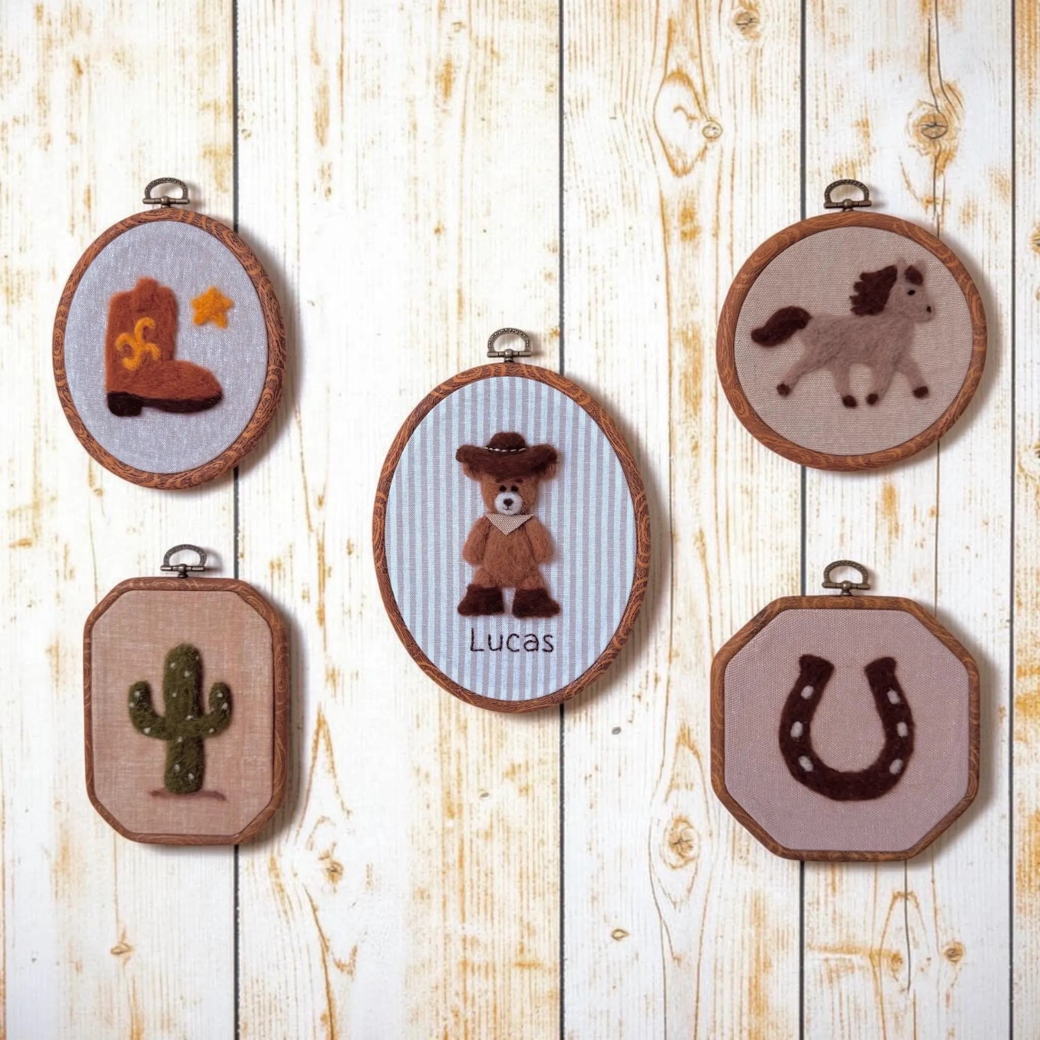 Needle Felted Cowboy Bear Nursery Decor, Personalized Name Hoop Art