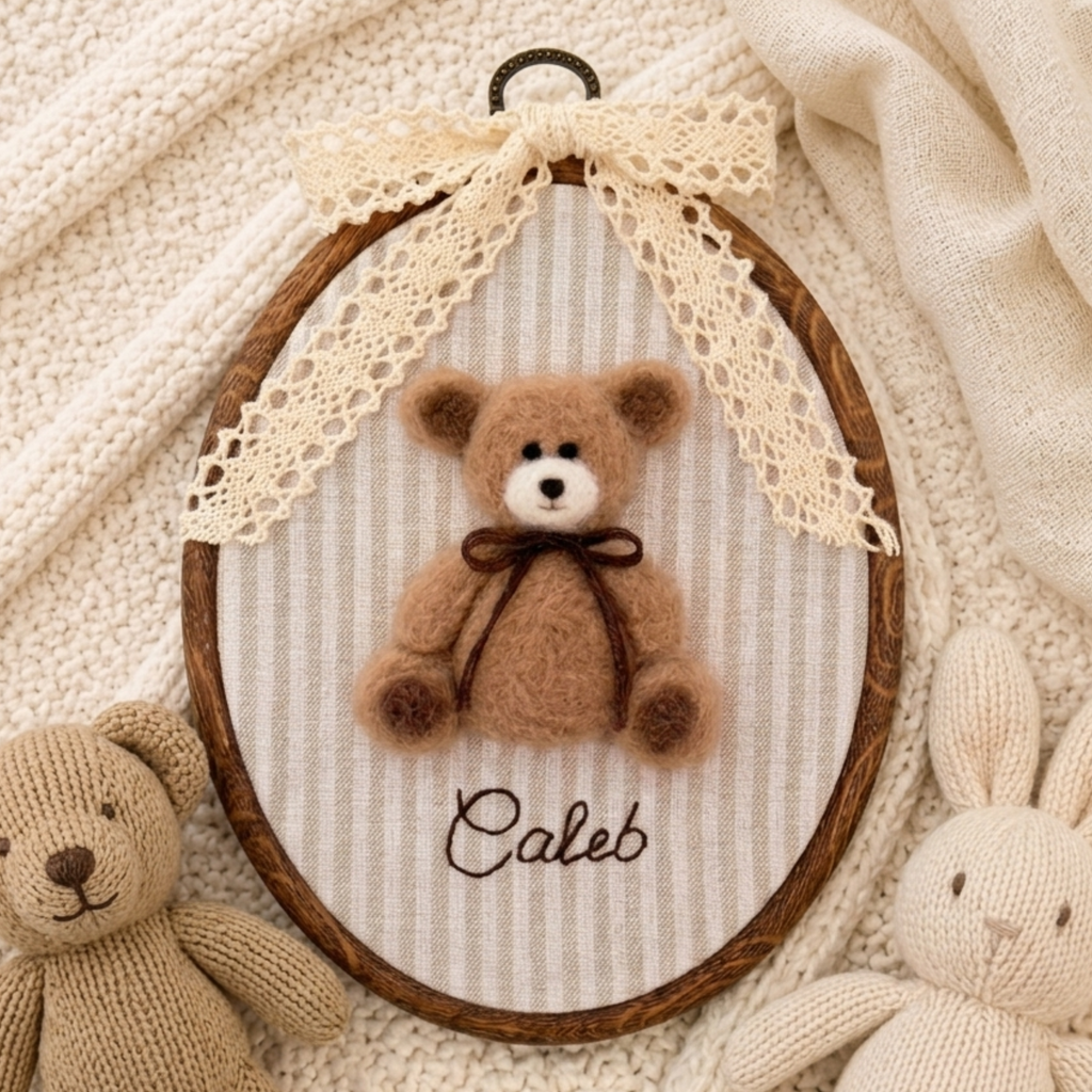 Personalized Needle Felted Teddy Bear in Embroidery Hoop Nursery Wall Decor