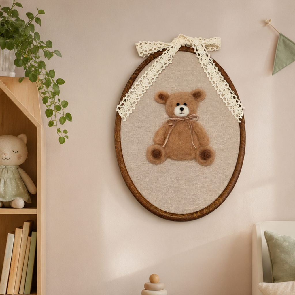 Personalized Needle Felted Teddy Bear in Embroidery Hoop Nursery Wall Decor