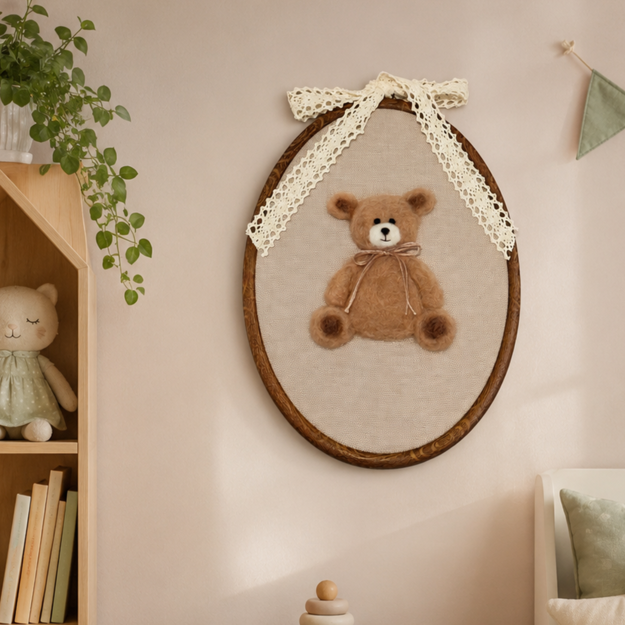 Personalized Needle Felted Teddy Bear in Embroidery Hoop Nursery Wall Decor