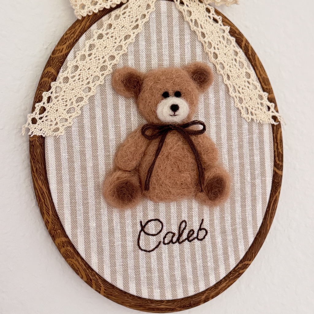 Personalized Needle Felted Teddy Bear in Embroidery Hoop Nursery Wall Decor