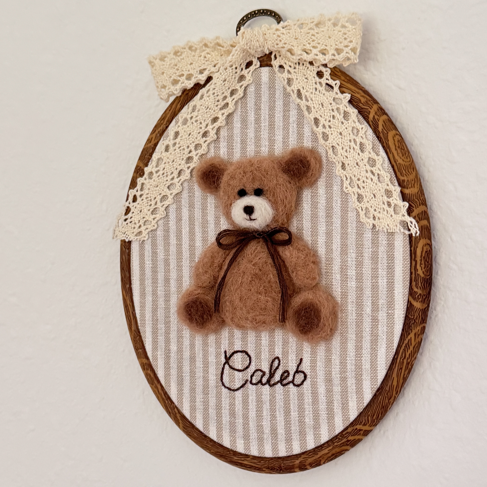 Personalized Needle Felted Teddy Bear in Embroidery Hoop Nursery Wall Decor