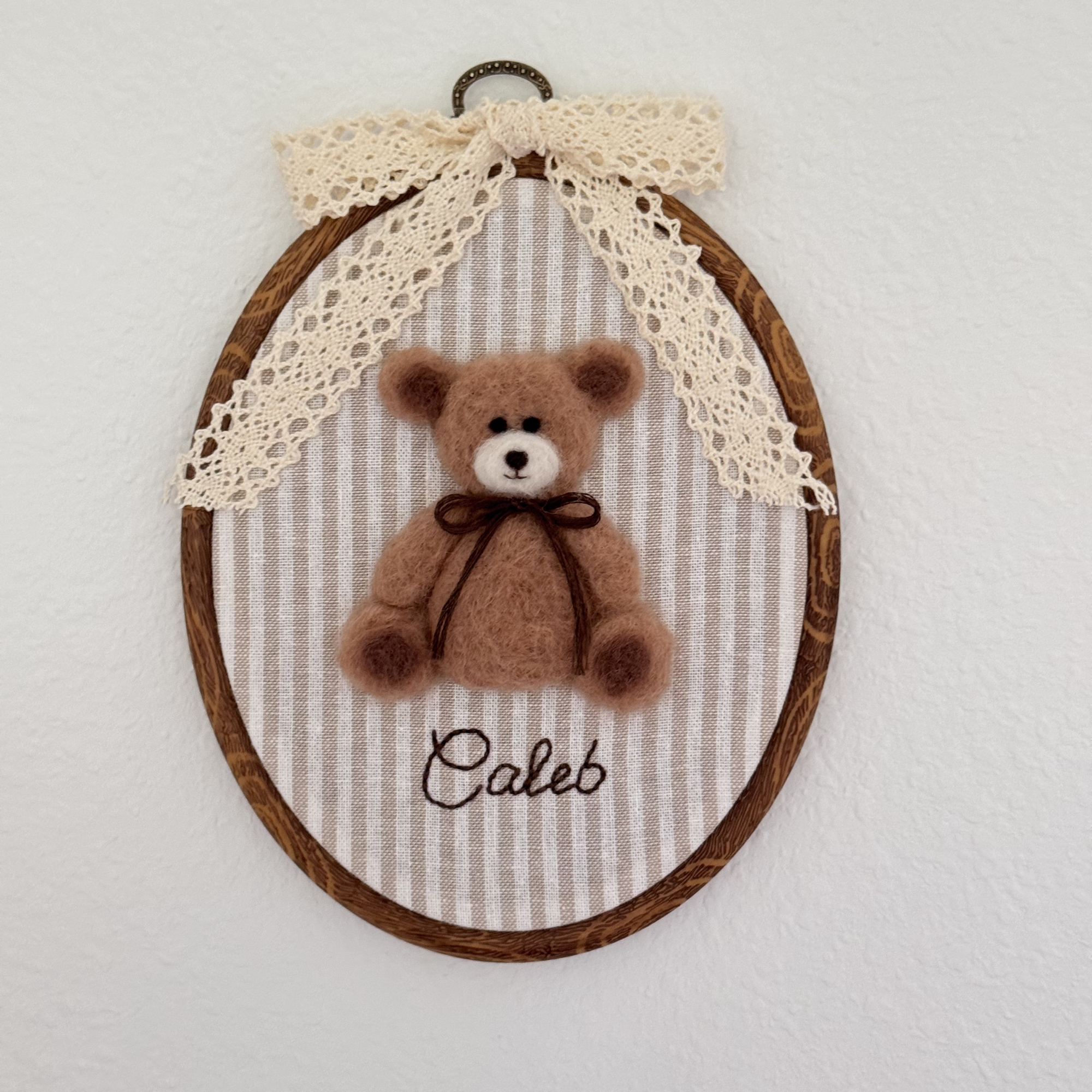 Personalized Needle Felted Teddy Bear in Embroidery Hoop Nursery Wall Decor