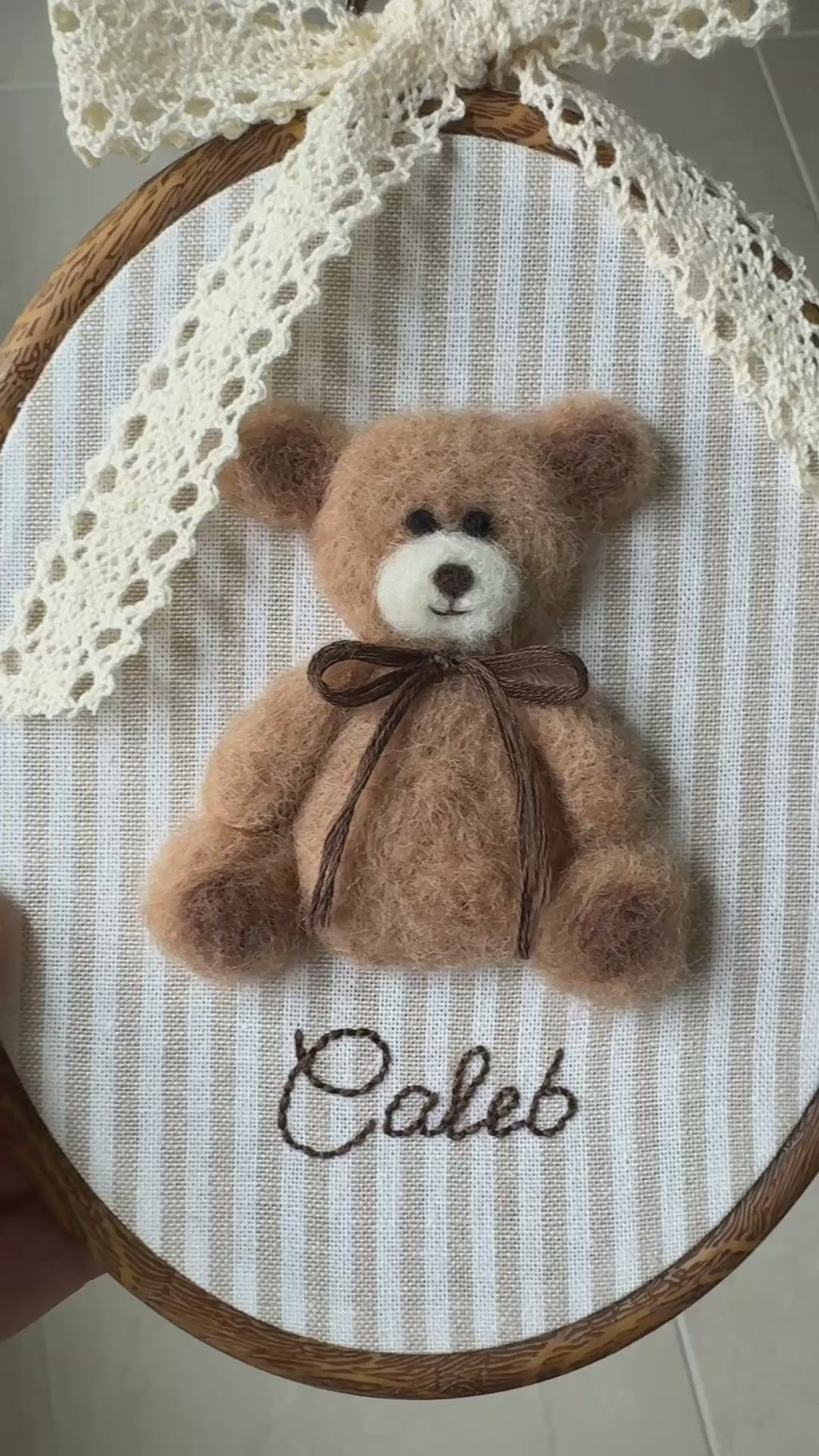 Personalized Needle Felted Teddy Bear in Embroidery Hoop Nursery Wall Decor