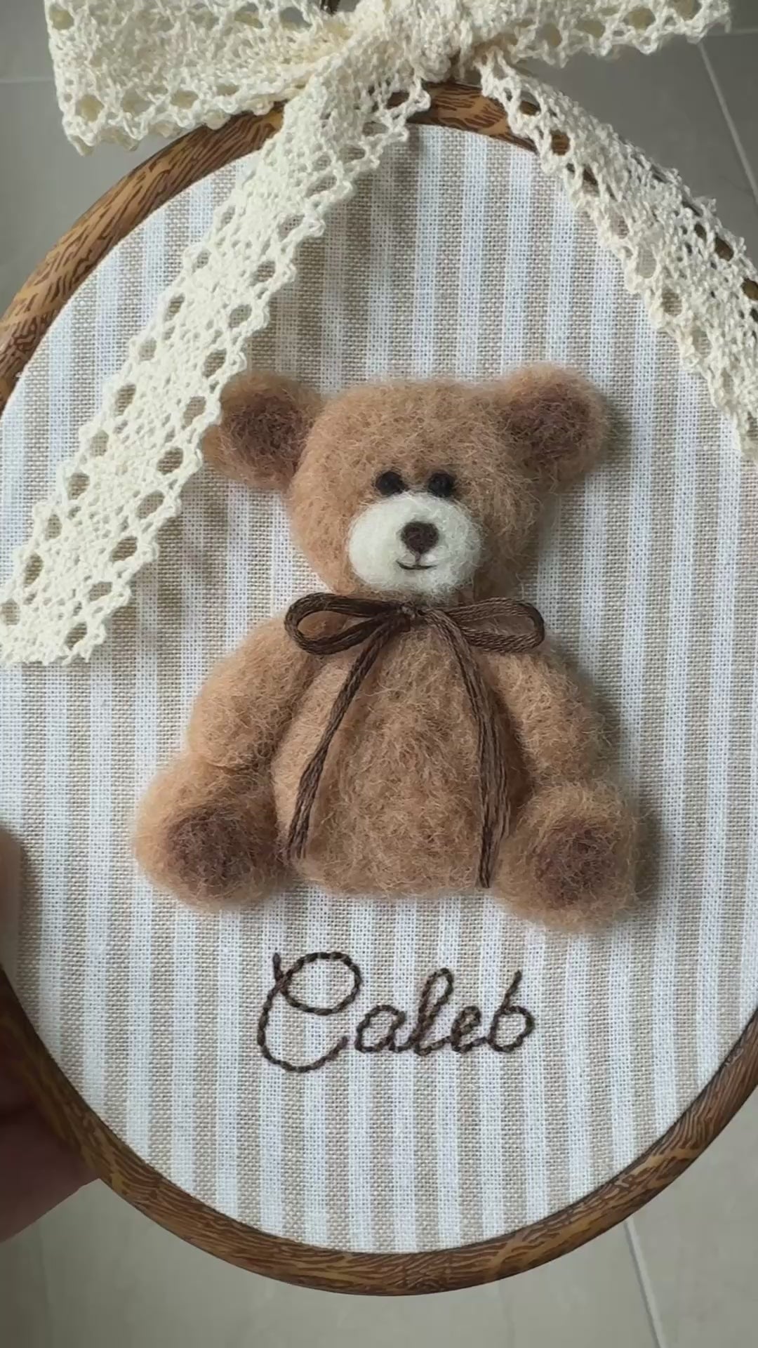 Personalized Needle Felted Teddy Bear in Embroidery Hoop Nursery Wall Decor